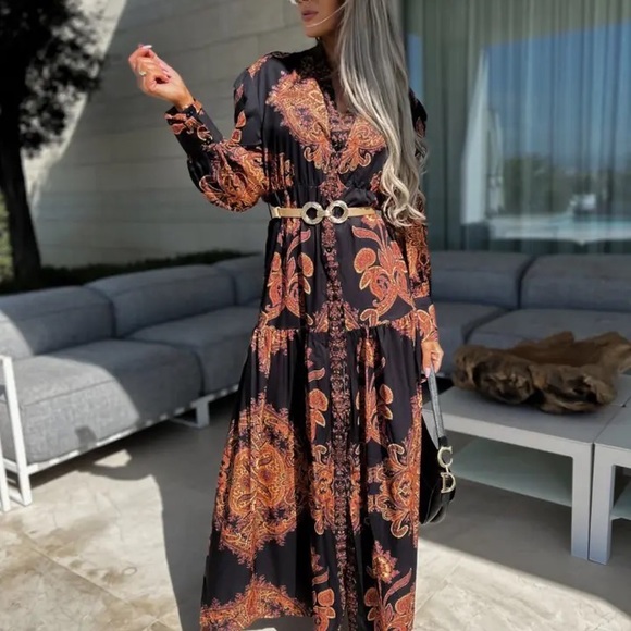 🌺 PAISLEY DRESS LONG SLEEVE MAXI BUTTON DOWN OPENS UP CHIC CLASSY RUFFLE AYBA - Picture 4 of 6